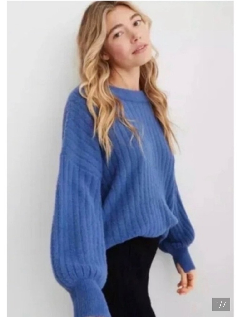 AERIE Buttercream Soft Ribbed Oversized Blue Sweater, Large